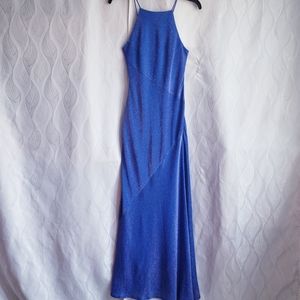 Blue Sparkly Metallic Glitter High Neck Lace-Up Back Fitted Long Pageant Gown